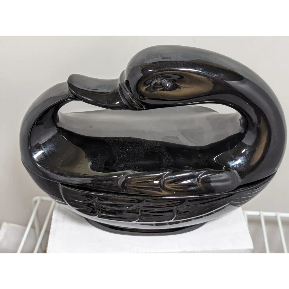 Vintage Fitz and Floyd Ceramic Black Swan Goose Covered Dish Trinket Candy